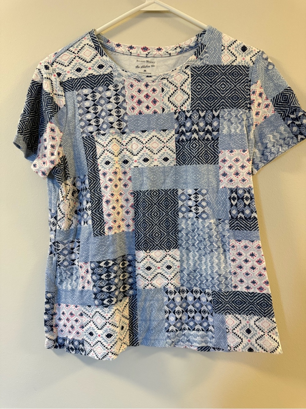 Studio Works Patchwork Print Short Sleeve Tee in Blue and White